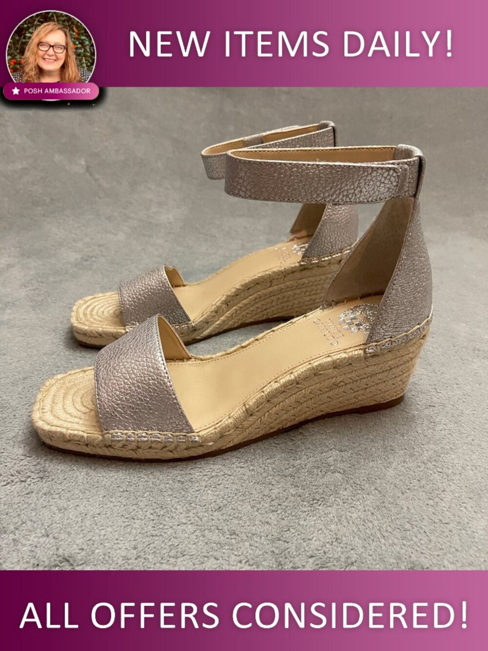 VINCE CAMUTO VC-JESLA Leather Wedge Sandal Size 8M Silver Metal